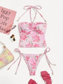 SHEIN MOD 2 件套露背上衣，正面有褶皱花卉印花，侧面系带三角裤，泳装套装，泳装套装，海滩度假装，适合夏季海滩度假