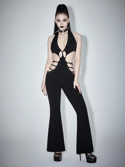 Grunge Punk Combinaison évasée à encolure montante, avec laçage latéral, clous métalliques en forme d'étoile et dos nu, style Y2K sexy, idéale pour la Saint-Valentin