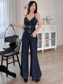 DAZY 女士 V 领交叉吊带背心 + 阔腿牛仔裤两件套 - 深色水洗藍 - 查看 4