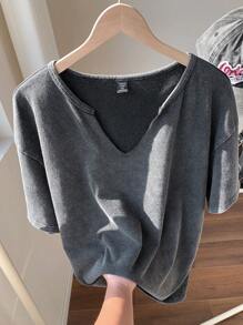 Comfortcana Camiseta de manga corta con cuello en V de algodón, de talla grande, con lavado ácido y efecto desgastado, de corte holgado, para primavera/verano