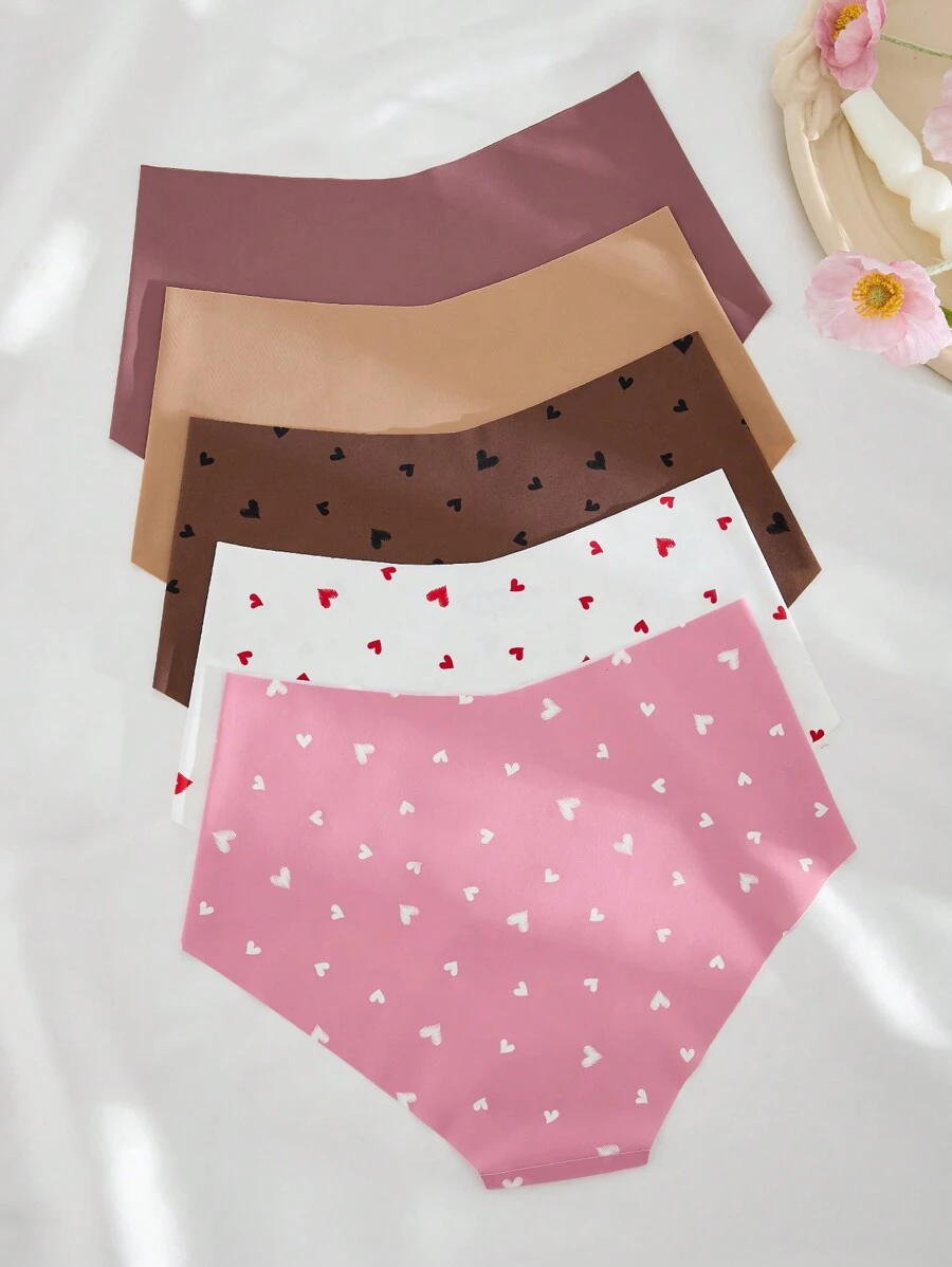 5 件套女士无缝心形印花 V 腰舒适高腰三角裤，情人节 - 彩色 - 查看 1