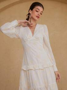 Zanirela Elegant Embroidered Vintage V-Neck Waisted Splice Frill Trim Long Sleeve Dress For Women Fall Cloth For Women - Beige - View 5