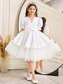 SHEIN Tween Girl Elegant V-Neck Jacquard Textured V-Neck Puff Sleeve Ruffle Hem Mesh Panel Dress In White, Suitable For Party, Gathering, Wedding, Flower Girl - White - View 1