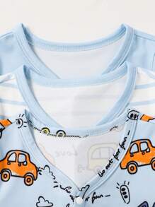 3件套男婴简约时尚纯色蓝色恐龙条纹印花套装，连体衣