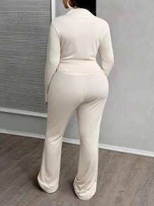 Slaydiva Casual & Basic & Sporty & Daily 2 Pieces Set: Fitted Solid Color Long Sleeve Crop Top With Flared Pants, Textured Ribbed Fabric, Plus Size Women - Apricot - View 2