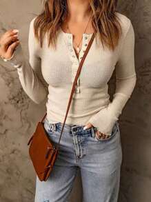 SHEIN LUNE 女士华夫格针织弹力 Polo 领 T 恤，浅色