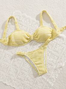 Swim Mod 春假女士两件套泳衣套装，芥末黄针织面料露肩简约优雅女士沙滩比基尼 - 黃色 - 查看 3