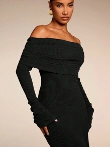 SHEIN BAE Đầm dài tay trễ vai màu trơn đơn sắc cho nữ, trang phục dự tiệc cho nữ, váy năm mới cho nữ, quần áo giáng sinh cho nữ - màu đen - Xem 3