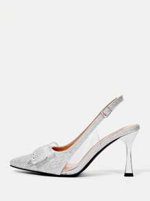 CUCCOO HITCHD Women Silver Rhinestone Bow Point Toe High Heels, Elegant Office Commute Date Wedding Party Formal Pumps