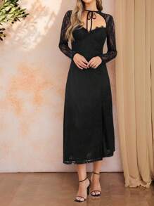 Amorya Women's Elegant Black Lace-Up Hollow Out Black Dress, Suitable For Commute, Work, Daily Wear, Party, Summer' Valentines Clothes Mardi Gras Outfits Spring Valentine's Day Vacation Outfits Woman Chinese New Year Outfit Cny Dress Valentines Dress - Black - View 6