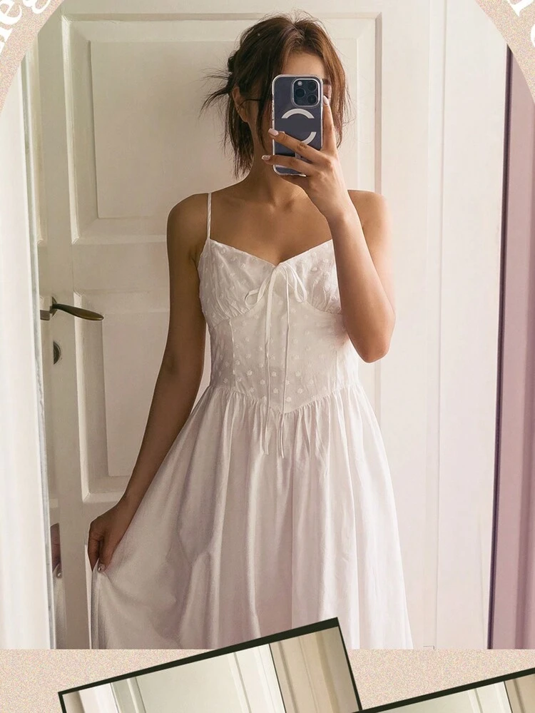 1pc Elegant Sleeveless Texture Design Summer White Long Dress For Women, Milkmaid Dress Sundress, Casual Women Dress