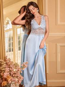 SHEIN Women's Deep V-Neck Lace Splice Backless Long Nightgown With Waist Semi-Sheer - Baby Blue - View 1