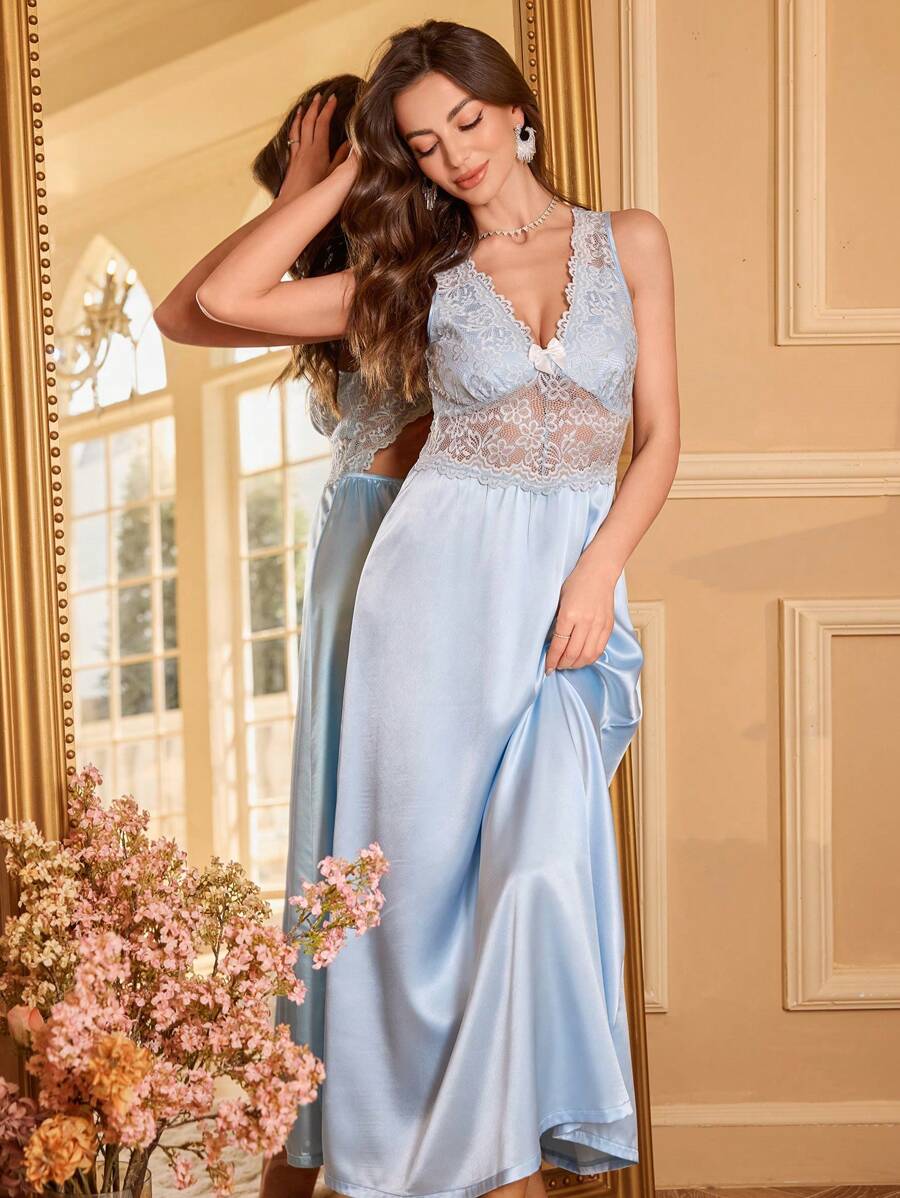 SHEIN Women's Deep V-Neck Lace Splice Backless Long Nightgown With Waist Semi-Sheer - Baby Blue - View 1