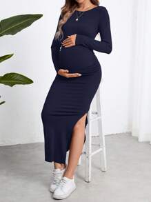 SHEIN Maternity Black Long Slit Blue Dress, Slim Fit Pregnant Women Dress