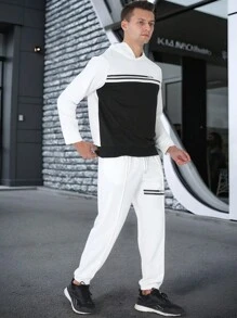 Manfinity Sport Corelite Men Solid Color Patchwork Long Sleeve Simple Sportswear Top And Pants Set - White - View 8