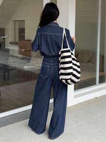 DAZY Women's Western Style Outfit: Contrast Stitch Short Sleeve Loose Blouse & Wide Leg Denim Pants Set,Back To School Clothes - Dark Wash - View 2