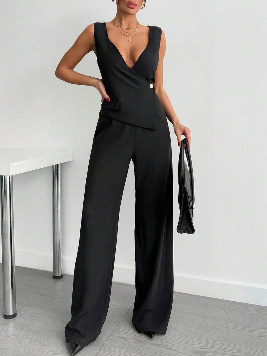 EURMUSE 女士无袖纽扣休闲编织连体裤，简约设计 - 黑色 - 查看 1