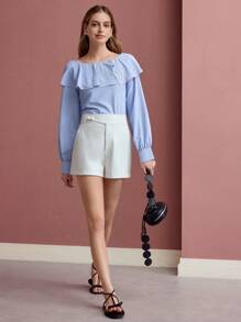 MOTF PREMIUM 条纹荷叶边衬衫 - 藍白色 - 查看 3