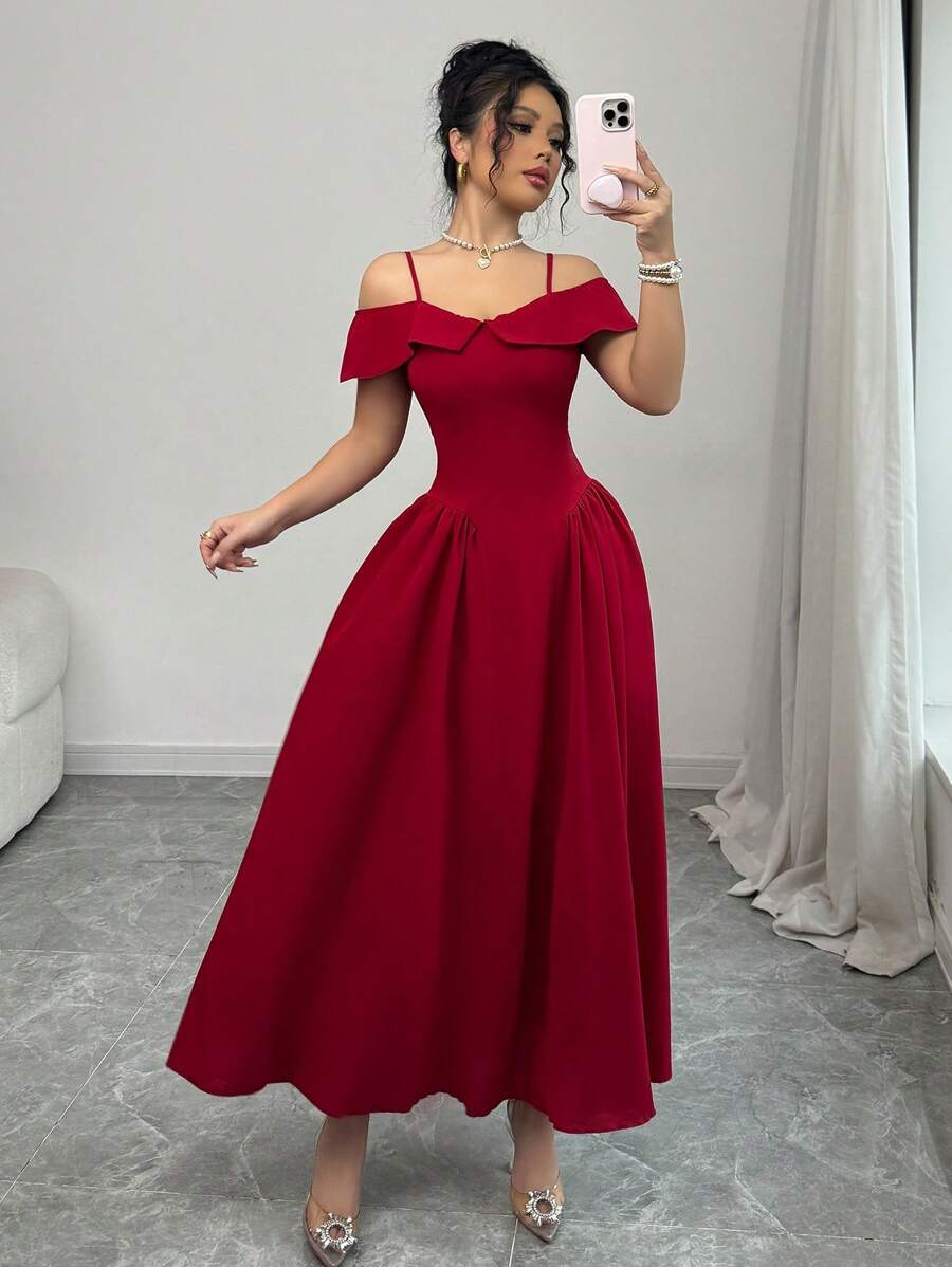 Modelyn 女士优雅编织红色收腰露肩 A 字连衣裙 - 紅色 - 查看 1