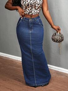 SHEIN Slayr 女式口袋长款修身休闲牛仔半身裙 - 深色水洗藍 - 查看 5