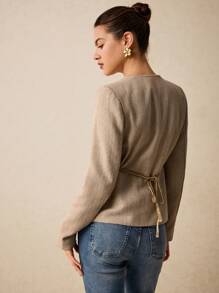 Poéselle Herringbone Tweed Front Metallic Buttons Waisted Long Sleeve Overcoat - Apricot - View 7