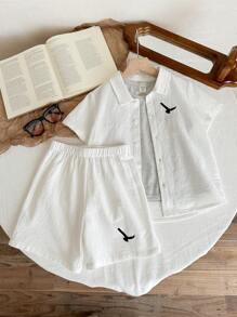 LMoss Kids 3pcs/Set Young Boy Casual Everyday Versatile Printed Collared Short Sleeve Shirt, Sleeveless Knit Vest, And Woven Shorts Set, Suitable For Spring/Summer, Daily, Sports, Outings, School, Gatherings, Holidays, Photo-Shooting, Back-To-School Cute Clotehs