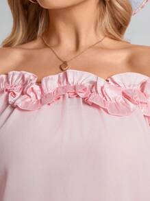SHEIN LUNE Women 3D Floral Ruffle Off Shoulder Long Sleeve Solid Loose Blouse,Valentine's Day,Western Wear Women,Spring - Pink - View 4