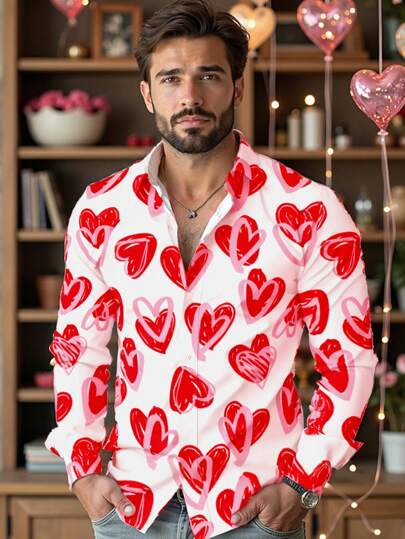 Manfinity VCAY Men's Valentine's Day Long Sleeve Heart Print Casual Button-Up Shirt, For Gifts