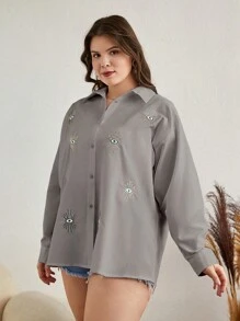 EURMUSE Camisa de manga caída con estampado de ojo de talla grande de algodón - Gris - Ver 7