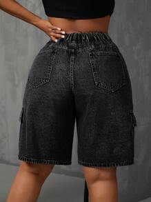SHEIN SXY Plus Size Women's Cargo Pocket Loose Denim Shorts - Black - View 2