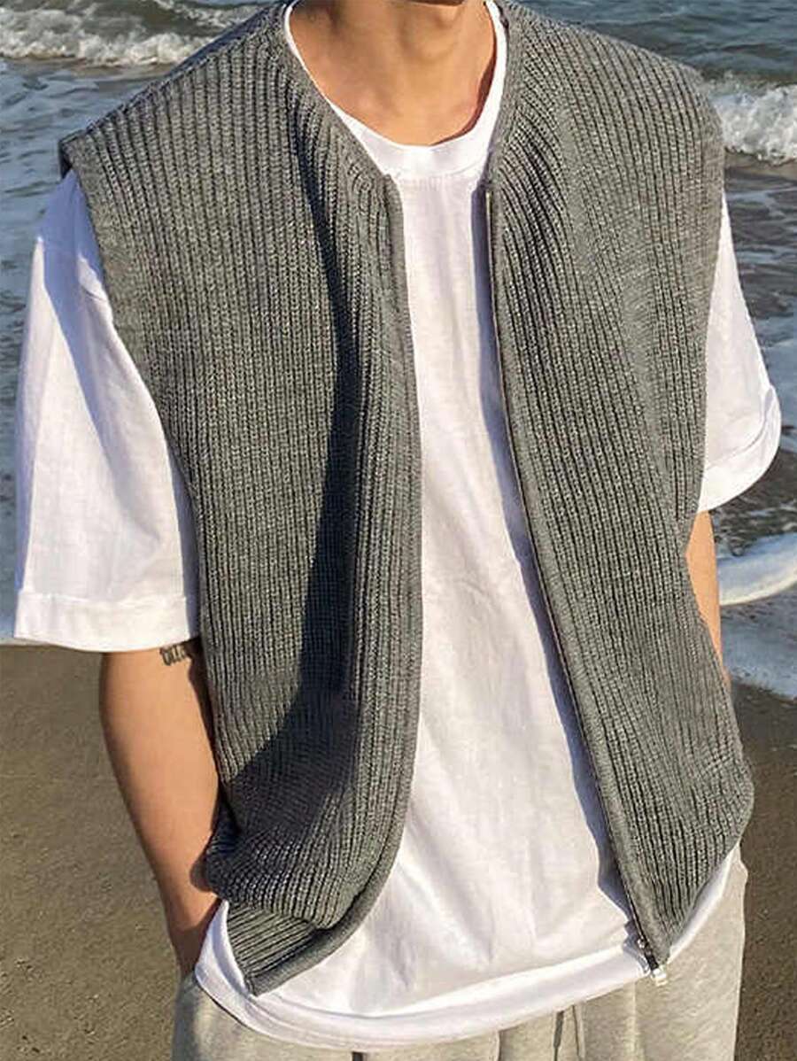 Manfinity Dauomo Men's Casual Solid Color Sleeveless Cardigan With Pockets, Suitable For Autumn - Grey - View 1