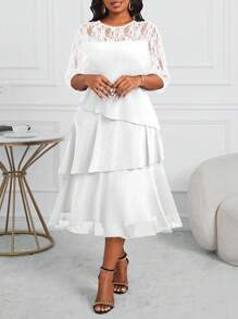 SHEIN Lady Đầm công sở Đầm đi nhà thờ Đầm công sở nữ Đầm midi xếp tầng xẻ tà tay khoét sâu màu xanh lam Đầm giáo viên Đầm giáo viên Đầm mùa thu Đầm ren Đầm bốn mùa thanh lịch cho phụ nữ Đầm ren mùa thu - trắng - Xem 3