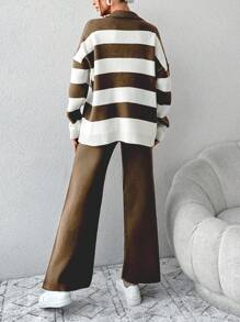 2pcs/Set Women's Front Button Long Sleeve Striped Minimalist Top And Pants Outfit - Camel - View 2