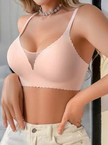 1pc Casual-Comfy Seamless Mesh Patchwork Solid Color Ruffled Adjustable Wireless Removable Padded Bra - Baby Pink - View 6