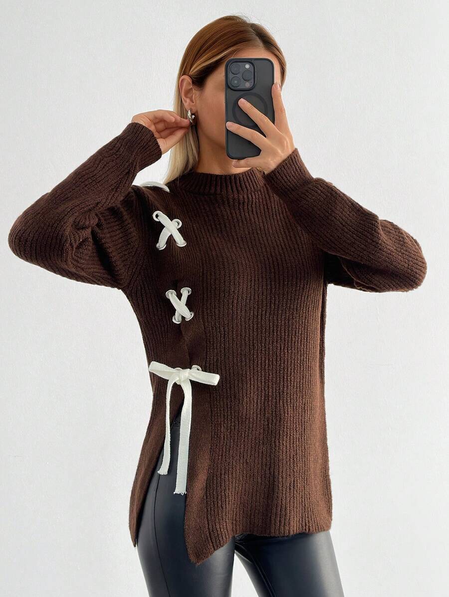 EURMUSE Casual Contrast Color Cross Cord Placement Rib Knit Brown Sweater With Slit - Brown - View 1