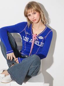 SHEIN EZwear Women's Casual Letter Print Color Block V-Neck Long Sleeve T-Shirt With Drawstring, Fitness Autumn/Winter