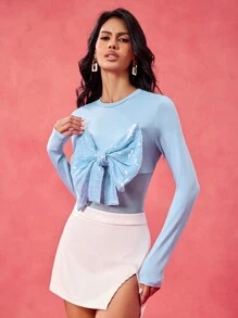 Daniela Ricciardelli Designer Women's Blue Sequin Bow Decorated Mesh See-Through Sexy Long-Sleeve Top Spring & Summer, Going Out, Festival - Blue - View 3