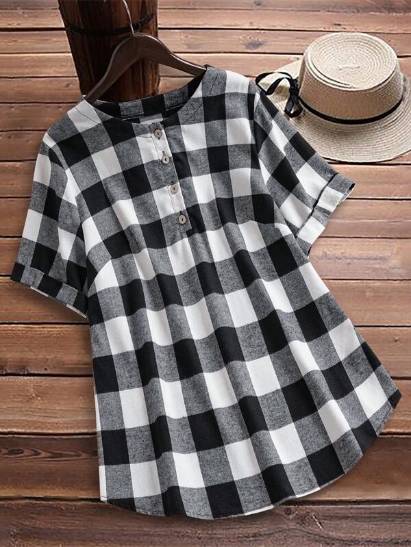 EMERY ROSE Plus Size Country Button Front Plaid Minimalist Short Sleeve Shirts Women,,St Patrick Day Outfit,Summer Outfits For Women,Vacation Outfits Woman,Casual Everyday Wear