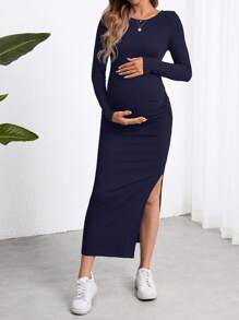 SHEIN Maternity Black Long Slit Blue Dress, Slim Fit Pregnant Women Dress