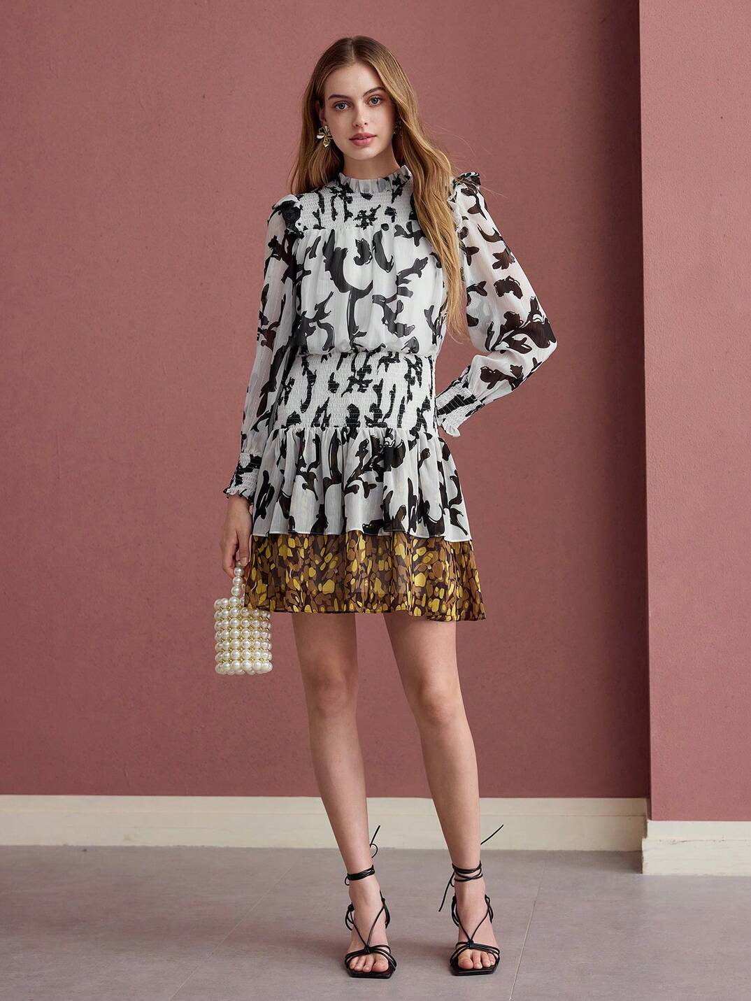 ALLOVER PRINT SHIRRED RUFFLE TRIM DRESS