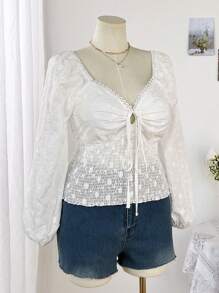 Sunnyshic Plus Size Women Jacquard Tie-Up V-Neck Casual Romantic Long Sleeve Shirt