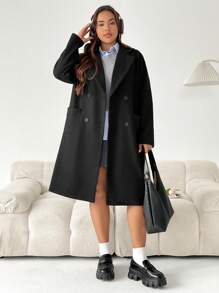 SHEIN EZwear Áo len dệt kim dài tay màu trơn cỡ lớn cho nữ, mặc mùa đông - màu đen - Xem 4