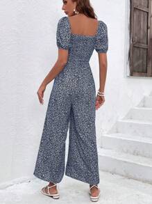 SHEIN Clasi Women Minimalist Allover Print Square Neck Short Sleeve Jumpsuit, Casual - Blue - View 2