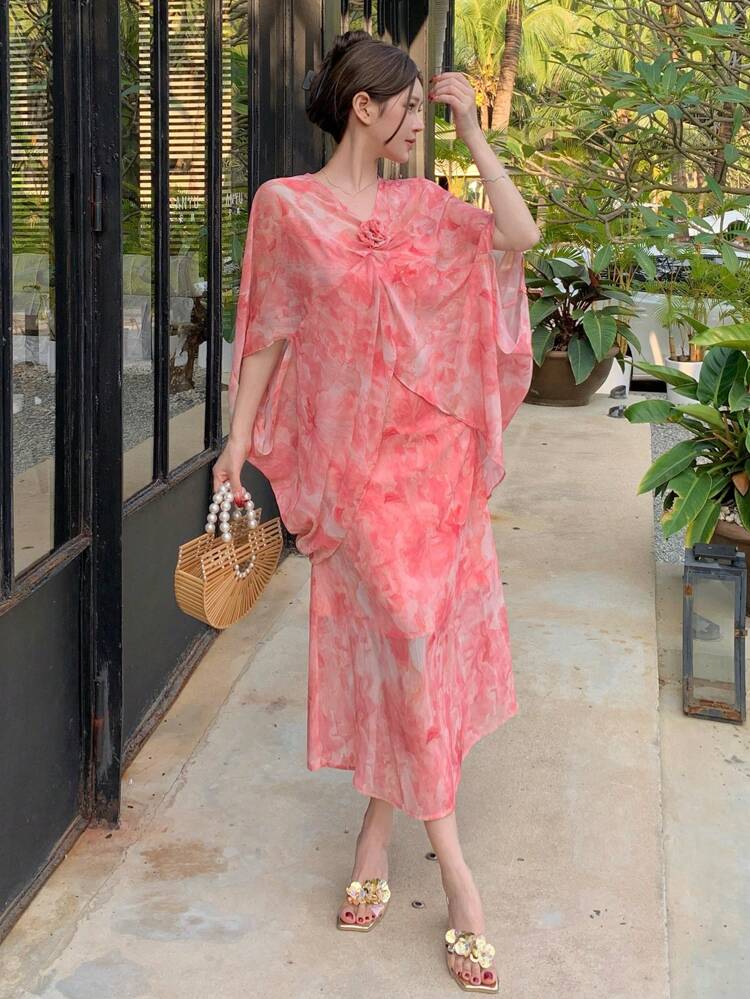 Vestido midi de mujer con estampado de plantas en todo el vestido, parches y pliegues, con superposición de estampado floral pequeño, vestido de verano para vacaciones