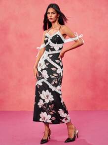 Oxana Vestido elegante y romántico con estampado floral negro, encaje blanco y tirantes, apto para Día de San Valentín, festivales, conciertos, bodas y bailes de graduación