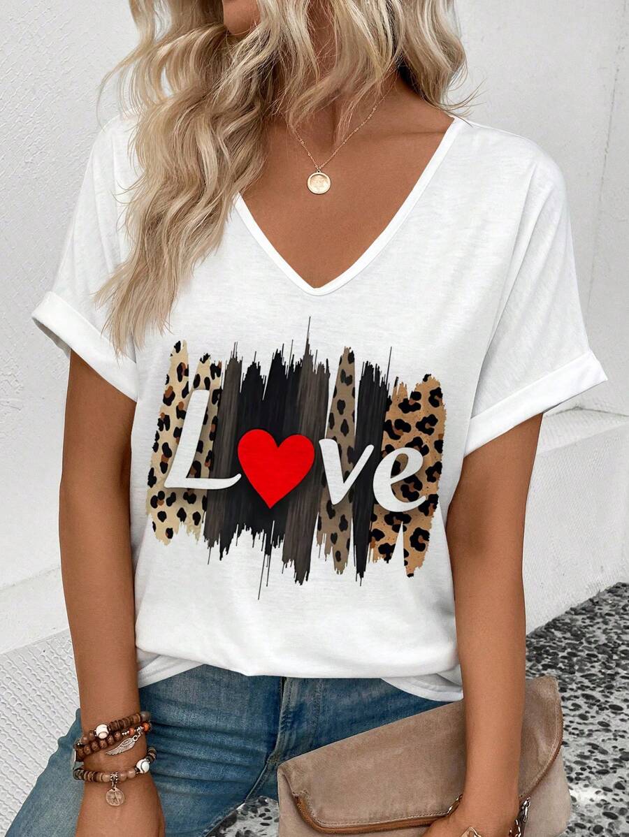 SHEIN LUNE Women's V-Neck Ruffle Cuff Leopard Print Heart Pattern Casual Versatile T-Shirt - White - View 1