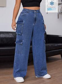 Solflare Coolmax Plus Size Front Button Pocket Straight-Leg Jeans, Casual Daily Wear - Blue - View 3