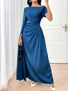 Modelyn 女士纯色不对称荷叶边优雅蓝色连衣裙长款晚礼服