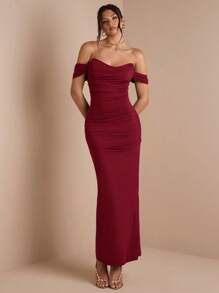 SHEIN BAE Autumn/Winter Solid Color Khaki, Coffee, Brown Tube Top Cross-Wrap Long Fitted Midi Dress With Sleeves, Suitable For Layering, Cocktail Party, Romantic Date, Formal Gathering, Bridesmaid, Halloween & Christmas