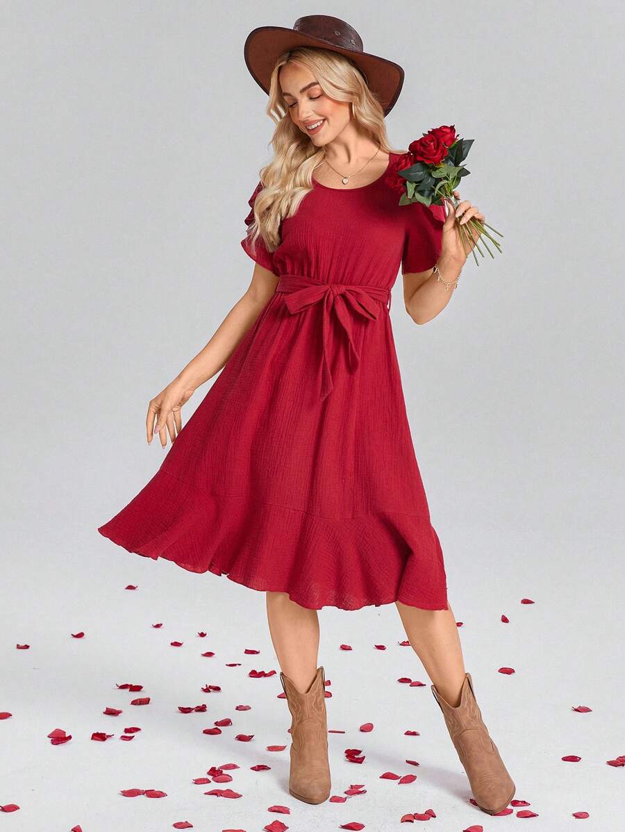 SHEIN LUNE 女士红色褶皱面料荷叶边袖中长连衣裙，女士度假装，适合情人节